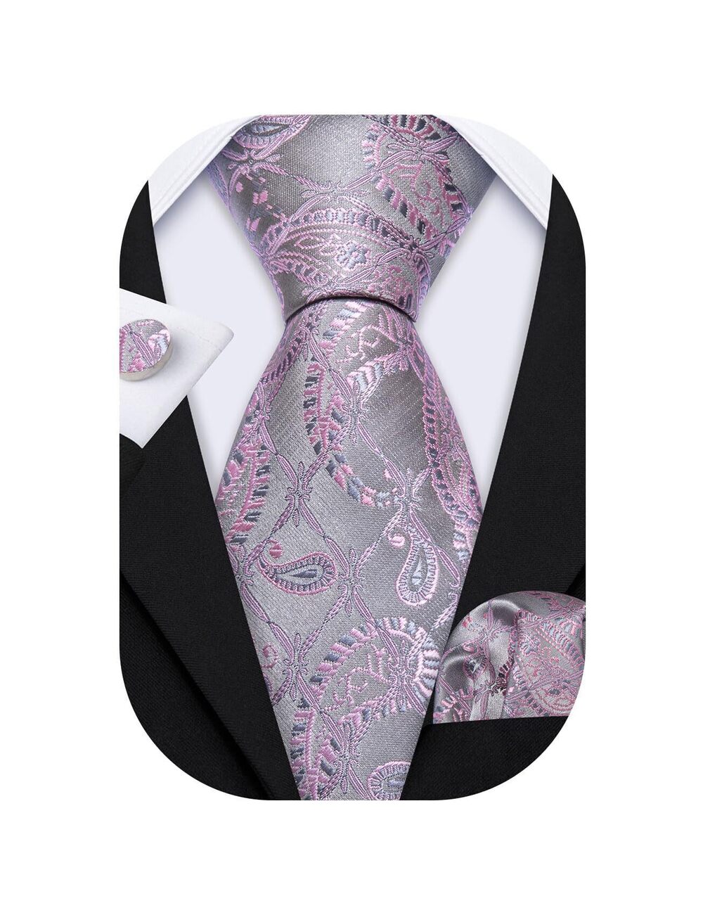9901 Silver Grey Pink Tie Set Wedding Business Hanky Cufflink Neckties